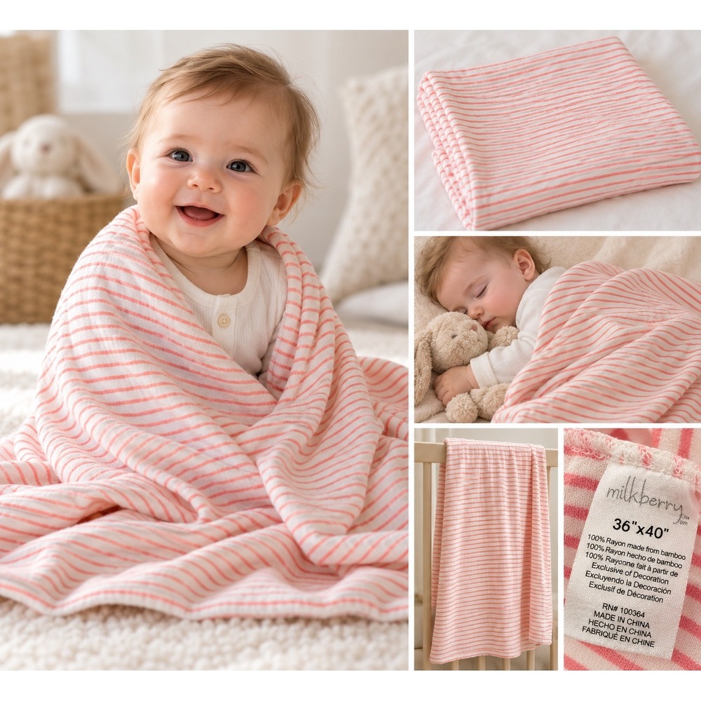 Milkberry Bamboo Rayon Baby Blanket Light Red White Striped Swaddle 36x40